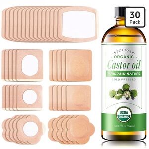 30Pcs Adhesive Castor Oil Patch with 7oz Organic Castor Oil Cold Pressed Set